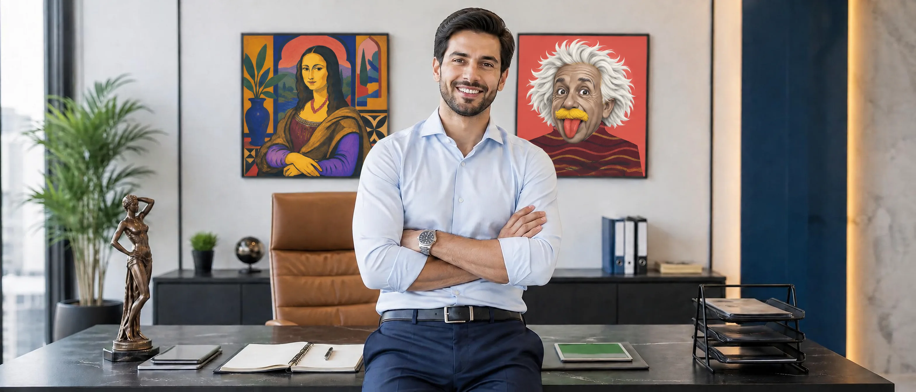 An art dealer in a gallery office, with works from the 1K Gallery collections on the wall