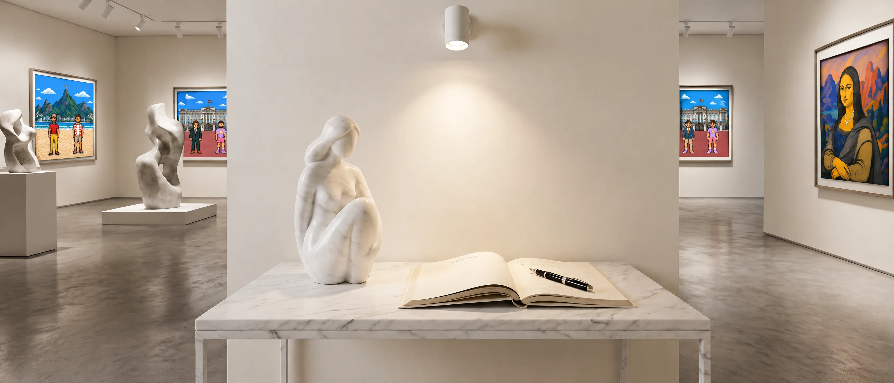 The 1K Gallery guest book, open on a marble table in the gallery